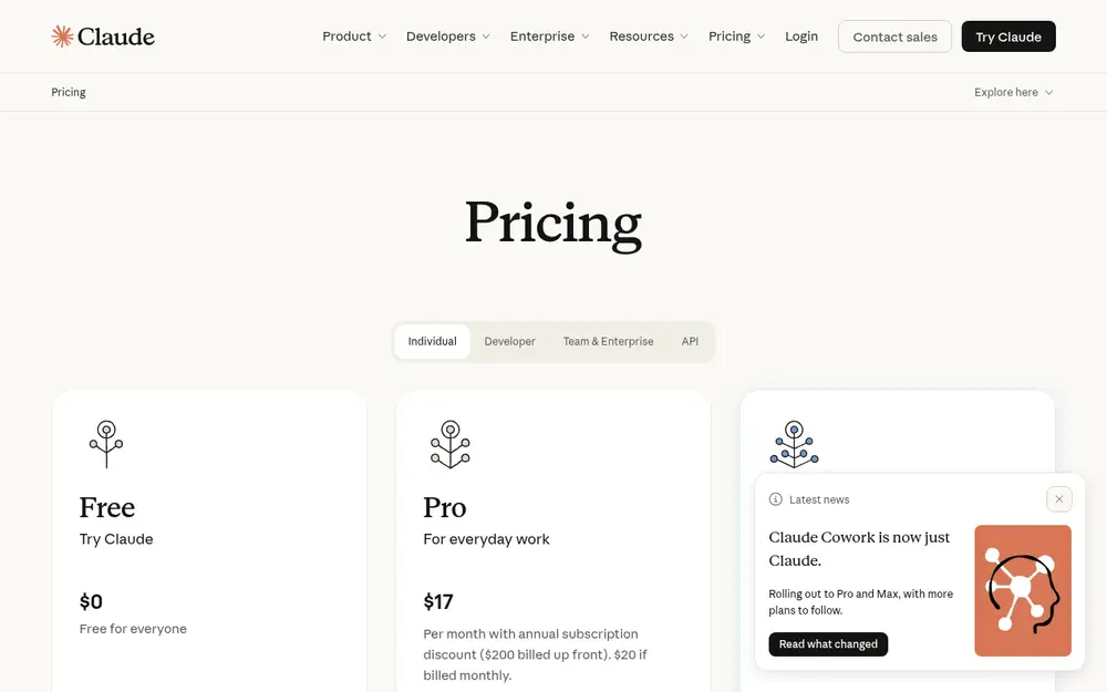Anthropic's Claude pricing page showing the Free plan at $0 and the Pro plan at $17 per month billed yearly