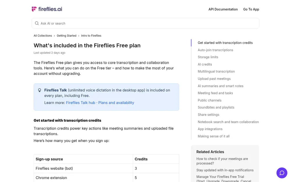 Fireflies Knowledge Base article titled What's included in the Fireflies Free plan, with a table of sign-up transcription credits