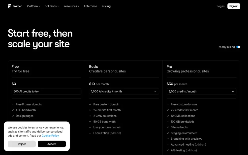 Framer's pricing page listing the Free plan with 500 AI credits, a free Framer domain and 1 GB bandwidth, next to the Basic and Pro plans