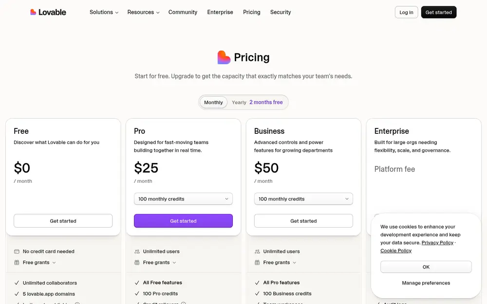 Lovable's pricing page showing the Free plan at $0 alongside paid Pro and Business plans