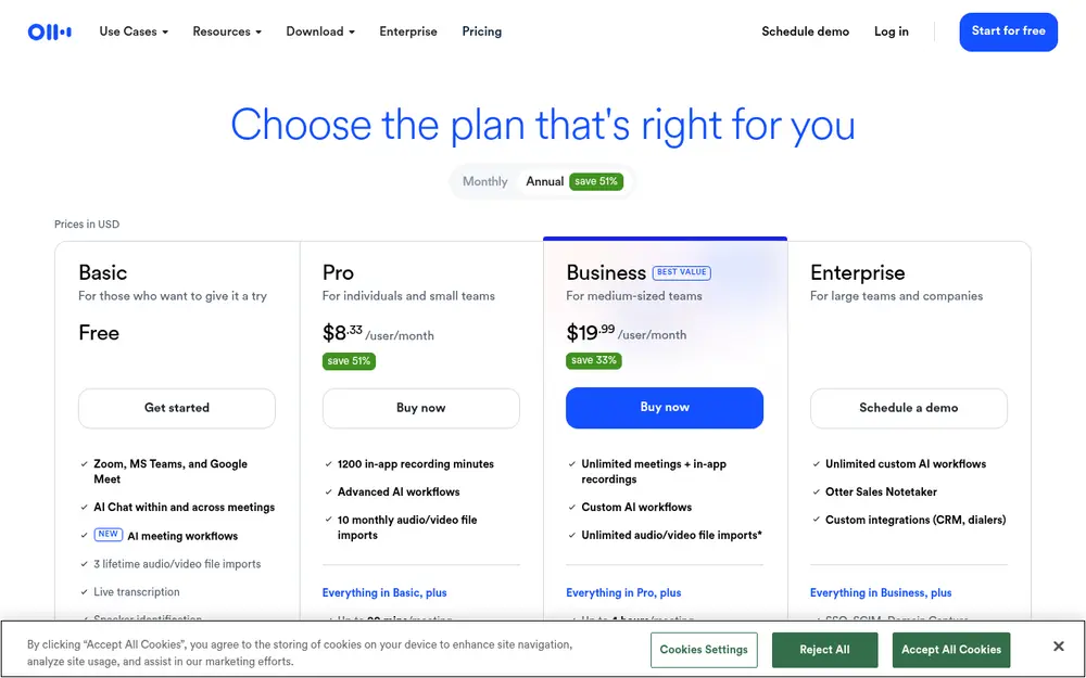 Otter.ai pricing page showing the free Basic plan next to Pro, Business and Enterprise plans