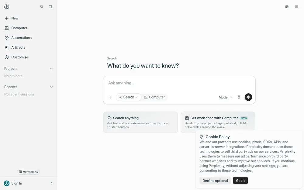 Perplexity's home page with a search box asking 'What do you want to know?'